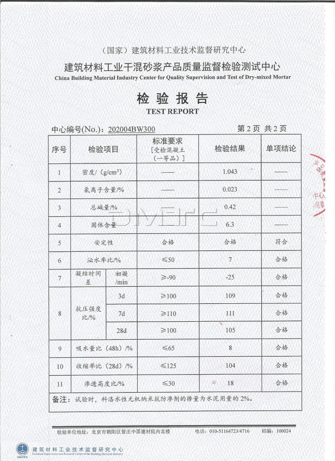 無機(jī)納米抗裂劑檢測(cè)參數(shù)